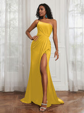 One Shoulder Ruched Mermaid Gown With Slit Marigold