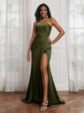 One Shoulder Ruched Mermaid Gown With Slit Olive Green