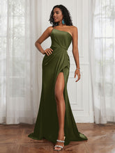 One Shoulder Ruched Mermaid Gown With Slit Olive Green