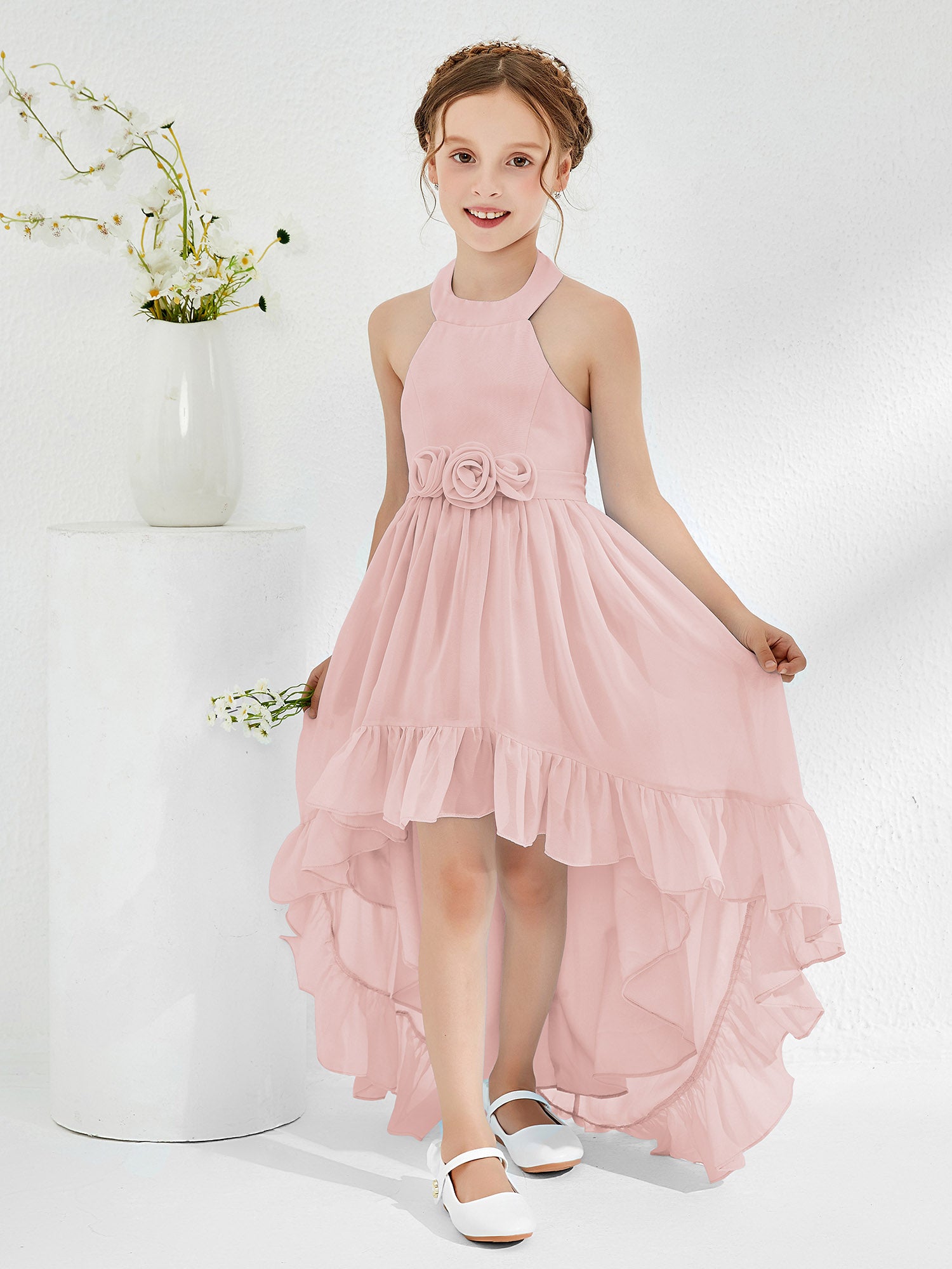 Asymmetrical Junior Bridesmaid Dresses with Flower Dusty Rose
