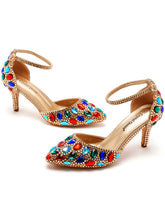 Pointed Toe Colorful Rhinestone Decor Ankle-strap High Heels