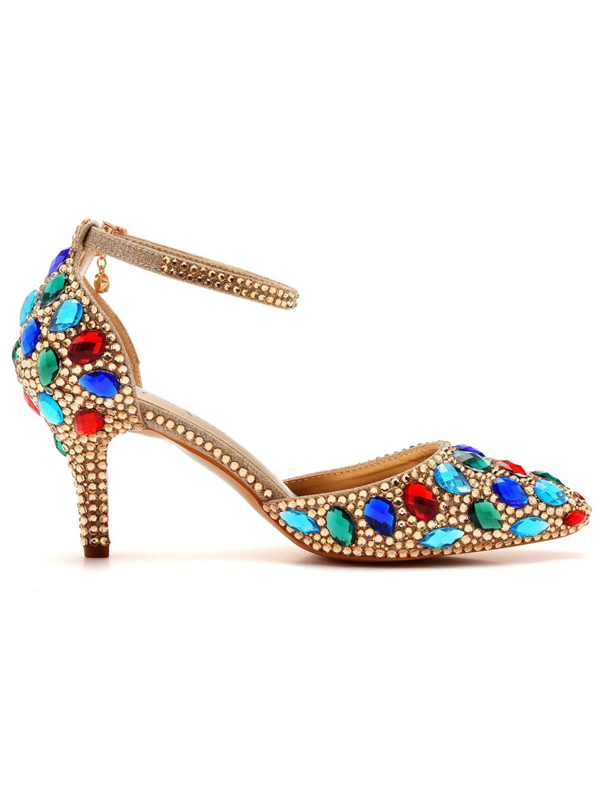 Pointed Toe Colorful Rhinestone Decor Ankle strap High Heels Gold UK2 EU35 US4