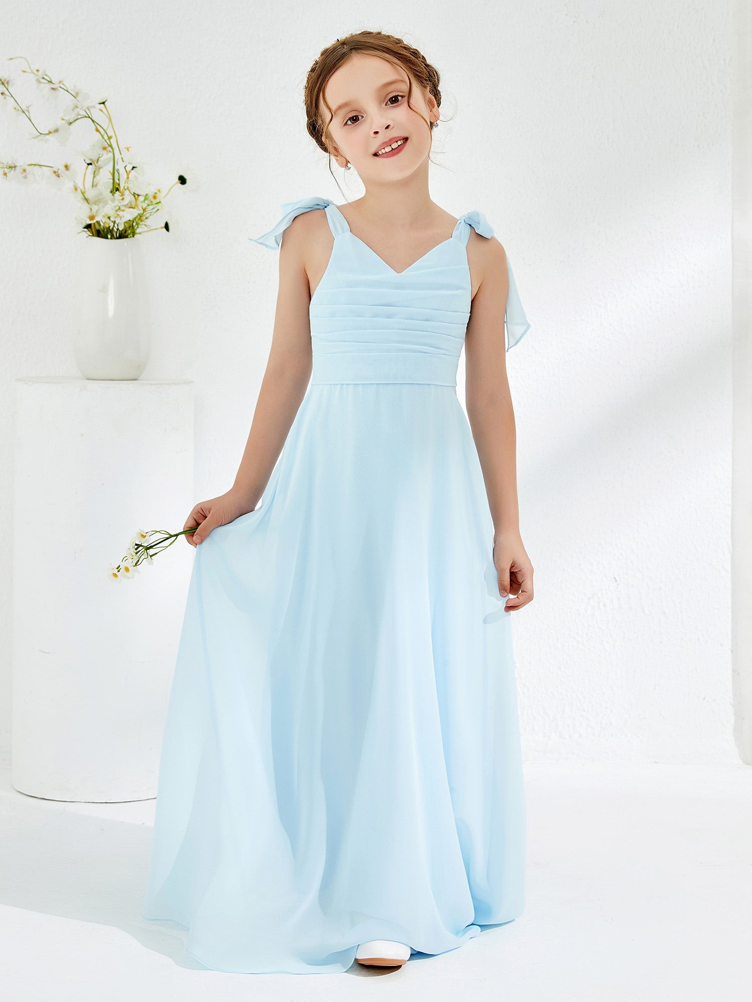 V-neck Chiffon Ruched Junior Bridesmaid Dresses Blue