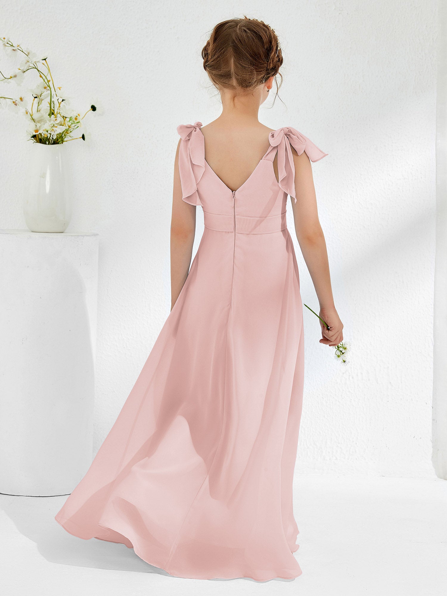 V-neck Chiffon Ruched Junior Bridesmaid Dresses Dusty Rose