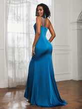 One Shoulder Spaghetti Straps Dress With Slit Ocean Blue