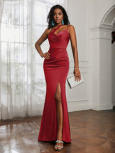 One Shoulder Spaghetti Straps Dress With Slit Burgundy