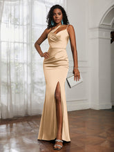 One Shoulder Spaghetti Straps Dress With Slit Champagne
