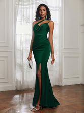 One Shoulder Spaghetti Straps Dress With Slit Dark Green