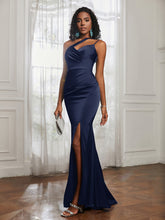 One Shoulder Spaghetti Straps Dress With Slit Dark Navy
