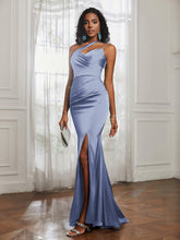One Shoulder Spaghetti Straps Dress With Slit Dusty Blue