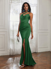 One Shoulder Spaghetti Straps Dress With Slit Emerald