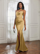 One Shoulder Spaghetti Straps Dress With Slit Gold