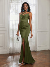One Shoulder Spaghetti Straps Dress With Slit Olive Green