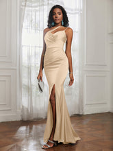 One Shoulder Spaghetti Straps Dress With Slit Peach