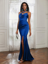 One Shoulder Spaghetti Straps Dress With Slit Royal Blue