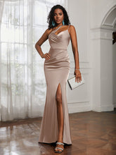 One Shoulder Spaghetti Straps Dress With Slit Taupe