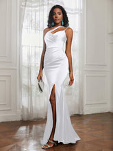 One Shoulder Spaghetti Straps Dress With Slit White
