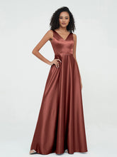 Princess V-neck Satin Dresses with Pockets Terracotta
