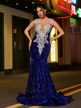 Sexy Illusion Neck Rhinestones Glitter Sequin Mermaid Dress Royal Blue