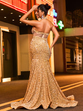 Elegant Halter Neck Rhinestones Glitter Sequin Mermaid Dress Gold
