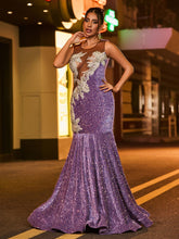 Elegant Illusion Neck Diamond Glitter Sequin Mermaid Dress Grape