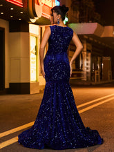 Sexy Illusion Mesh Rhinestones Sequins Mermaid Dress Royal Blue