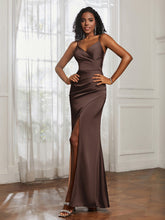 V-Neck Floor-Length Satin Prom Dress Chocolate