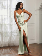 V-Neck Floor-Length Satin Prom Dress Dusty Sage