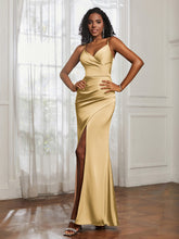 V-Neck Floor-Length Satin Prom Dress Gold
