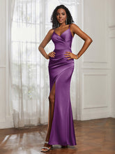 V-Neck Floor-Length Satin Prom Dress Grape