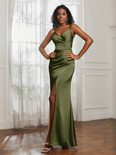 V-Neck Floor-Length Satin Prom Dress Olive Green