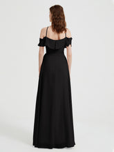 Y Neck Chiffon Dress with Ruffles Sleeves Black