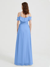 Y Neck Chiffon Dress with Ruffles Sleeves Blue