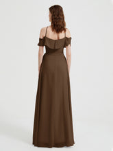 Y Neck Chiffon Dress with Ruffles Sleeves Brown