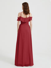 Y Neck Chiffon Dress with Ruffles Sleeves Burgundy