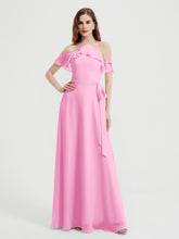 Y Neck Chiffon Dress with Ruffles Sleeves Candy Pink