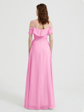 Y Neck Chiffon Dress with Ruffles Sleeves Candy Pink