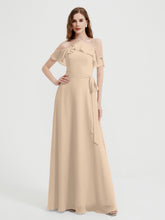 Y Neck Chiffon Dress with Ruffles Sleeves Champagne