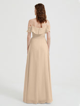 Y Neck Chiffon Dress with Ruffles Sleeves Champagne