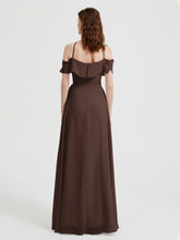 Y Neck Chiffon Dress with Ruffles Sleeves Chocolate