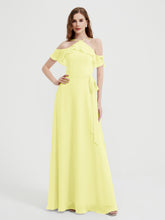 Y Neck Chiffon Dress with Ruffles Sleeves Daffodil