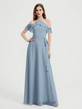 Y Neck Chiffon Dress with Ruffles Sleeves Dusty Blue