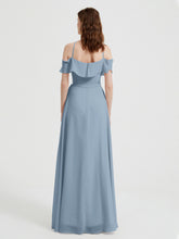 Y Neck Chiffon Dress with Ruffles Sleeves Dusty Blue