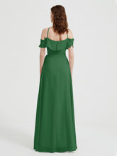 Y Neck Chiffon Dress with Ruffles Sleeves Emerald