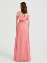 Y Neck Chiffon Dress with Ruffles Sleeves Flamingo