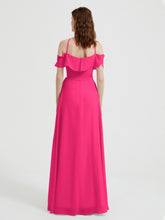 Y Neck Chiffon Dress with Ruffles Sleeves Fuchsia