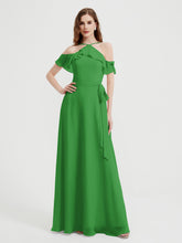 Y Neck Chiffon Dress with Ruffles Sleeves Green