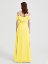 Y Neck Chiffon Dress with Ruffles Sleeves Lemon