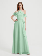 Y Neck Chiffon Dress with Ruffles Sleeves Mint Green