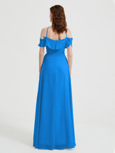 Y Neck Chiffon Dress with Ruffles Sleeves Ocean Blue